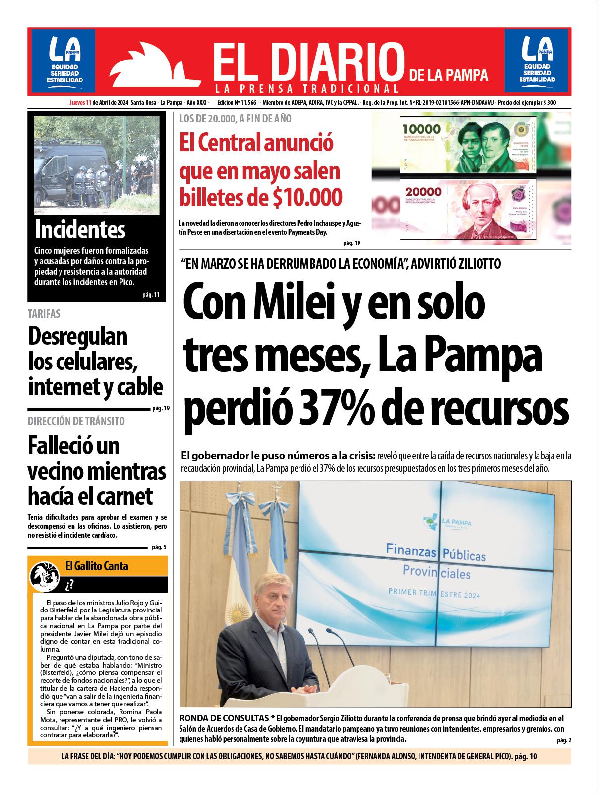 Tapa de El Diario en papel  jueves 11 de abril de 2024